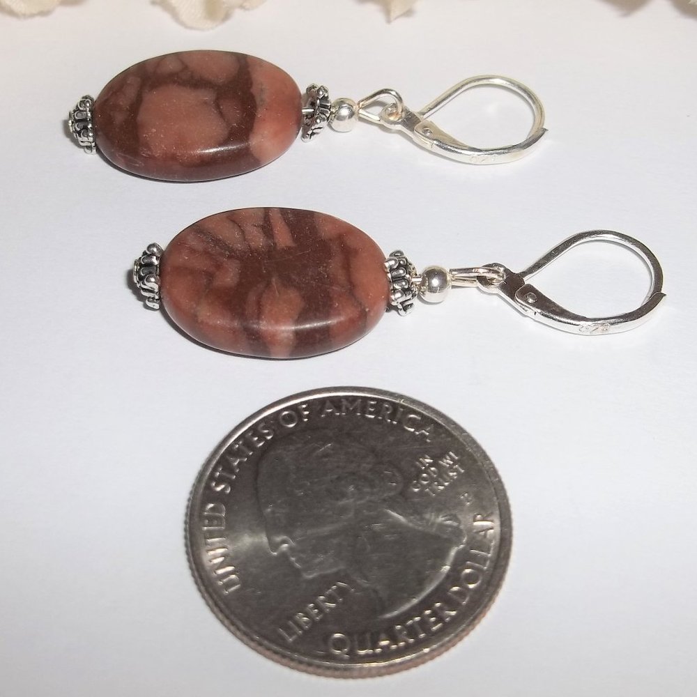 Earring Set Brown Faux Jasper Gemstone Silver Dangle Drop Lever Back Boho 6727 - Picture 4 of 7